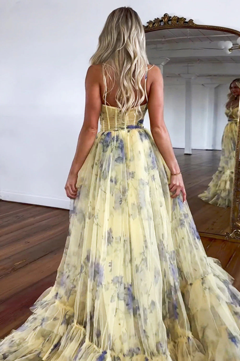 A-Line Halter Neck Tulle Cute Yellow Long formal dresses evening dress Prom Dresses With Ruffles